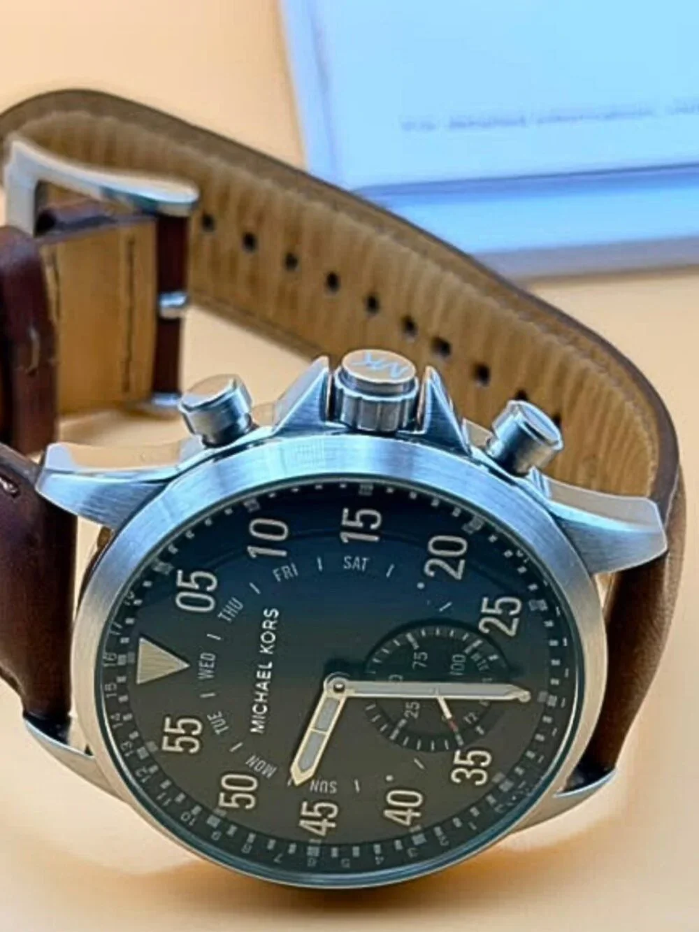 Michael Kors Men's Hybrid Smartwatch Black Dial Brown Leather Strap